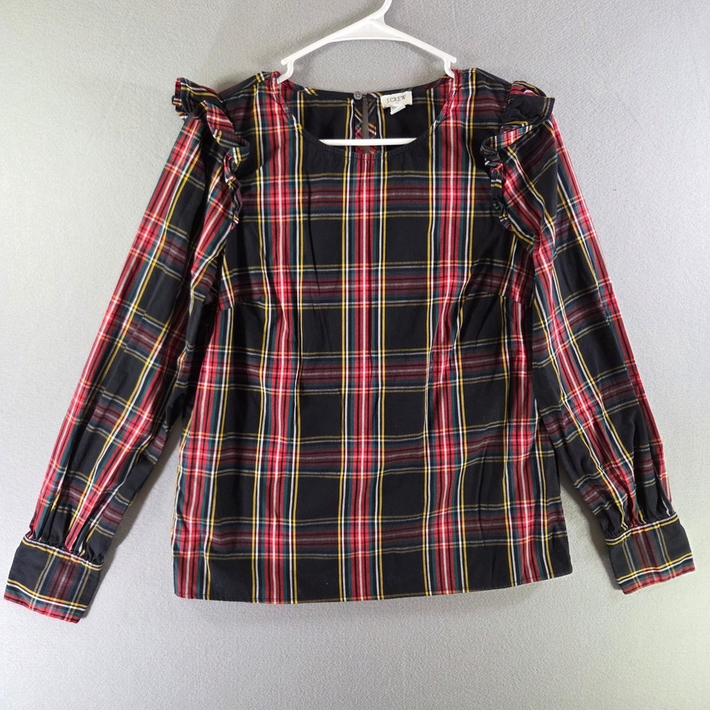 J.Crew Plaid Ruffle Shoulder Blouse Crystal Button Black Tartan Holiday Small